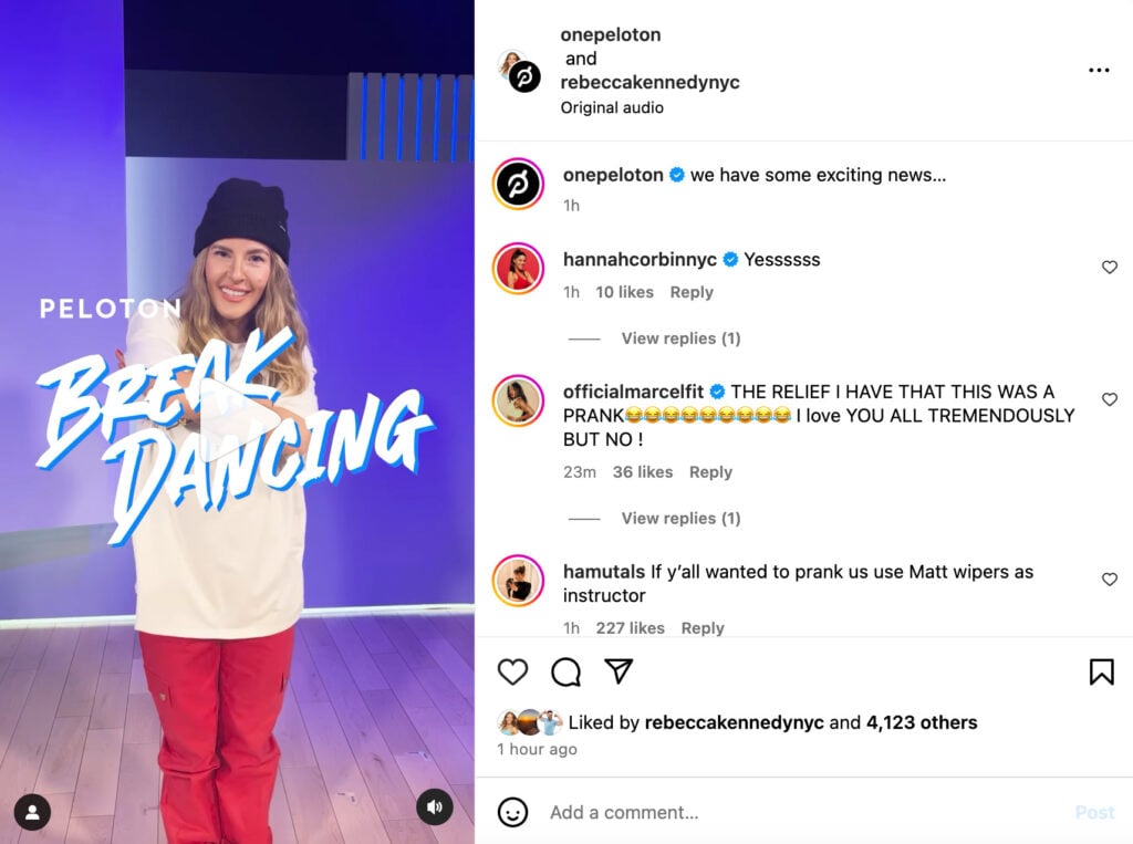@OnePeloton Instagram post announcing breakdancing classes.